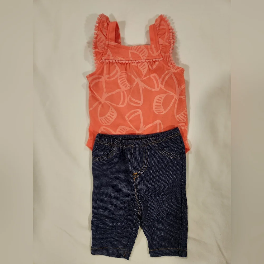 Carter's Girl's Bodysuit & Navy Denim Pants Coral Butterfly Size Newborn NWT